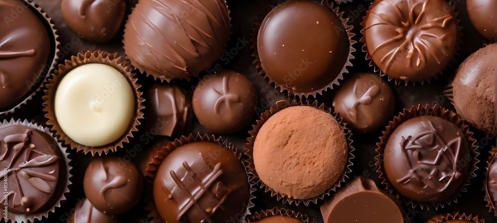 Dark, milk and white chocolate candies, pralines, truffles, assorted on table. Dessert for Valentine's Day. Top view background. Dark, milk and white chocolate candies, pralines, truffles, assorted on table. Dessert for Valentine's Day. Top view background.
