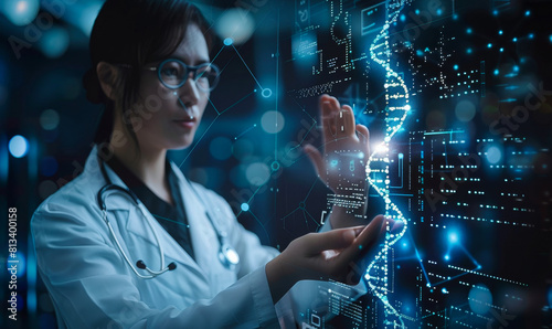 Doctor analyzing medical data on futuristic digital screen - healthcare technology with DNA, EMR, and global connectivity concepts