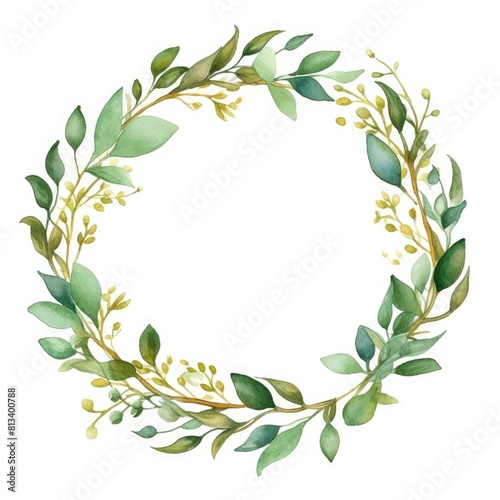Circular watercolor foliage wreath with green leaves and yellow accents. Circle picture frame with green pastel leaves. Organic botany concept for eco-friendly branding and stationery design. AIG35.