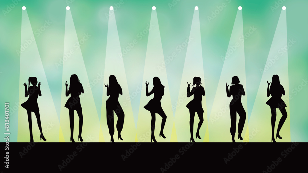 7人の女性が横に並んで踊るシルエット_スポットライト