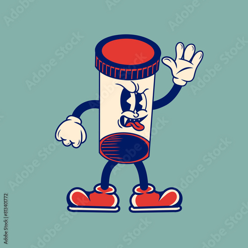 Retro character design of pill bottle