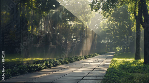 A solemn image of the Vietnam Veterans Memorial Wall, showcasing the reflective black granite panels inscribed with the names of fallen soldiers, set against a backdrop of lush greenery. photo