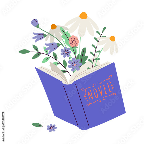 Open book with blooming wild flower sand leaves 2D cartoon objects. Power of reader imagination isolated line vector elements white background