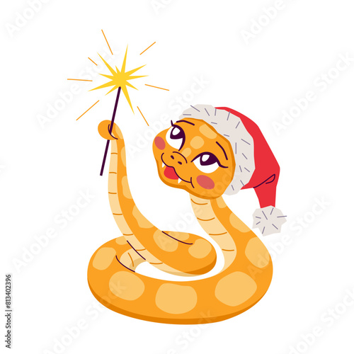 Funny snake with Santa hat and sparkler 2D cartoon character. Chinese New Year celebration isolated vector animal white background