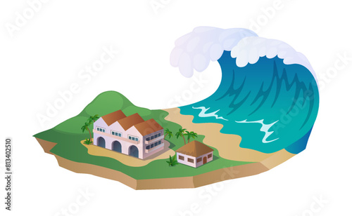 Tsunami running on resort town 2D cartoon objects. Rolling huge wave after undersea earthquake natural disaster vector scene on white background
