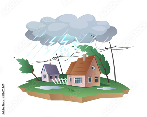 Rainstorm with lightening and strong wind 2D cartoon objects. Dangerous nature disaster with rain line vector scene on white background