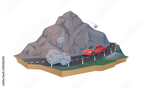 Rocks falling on road in front of driving car 2D cartoon objects. Stone cliffs natural disaster risk line vector scene on white background