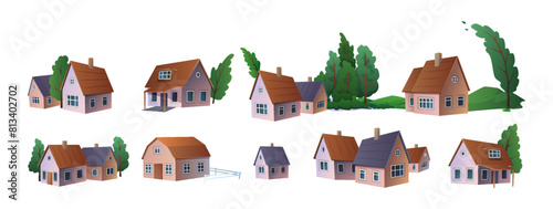 Cottage buildings for living 2D cartoon objects set. Country apartment houses. Architectural projects isolated vector scenes white background