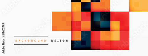 The colorful background with squares on a white background creates a vibrant and symmetrical pattern. The rectangles in shades of orange and electric blue add to the material property of the design