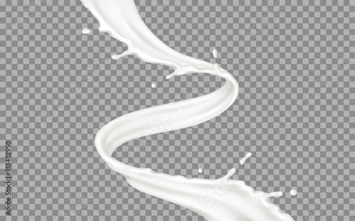 Liquid cream vertical swirl with drops realistic vector illustration. Cosmetic and dairy product texture in motion 3d object on transparent background