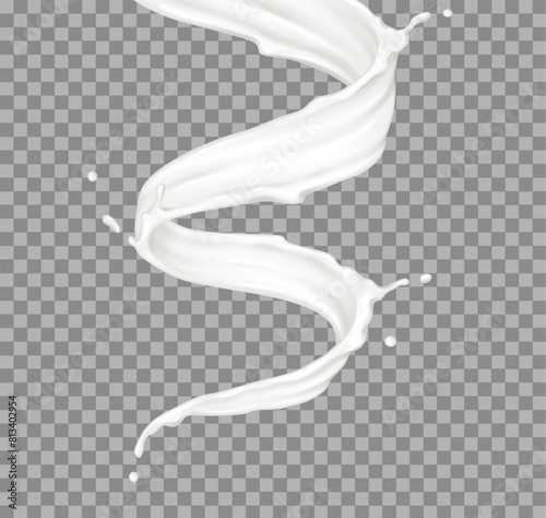 Liquid cream vertical swirl with drops realistic vector illustration. Cosmetic and dairy product texture in motion 3d object on transparent background