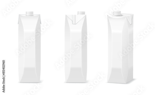 Liquid food product mockup packaging realistic vector illustration set. Recyclable blank packs for milk 3d objects on white background