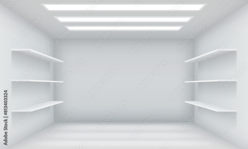 Empty shop premise with shelves on walls realistic 3d illustration. Boutique enclosure design. Modern show room interior vector background Empty shop premise with shelves on walls realistic 3d illustration. Boutique enclosure design. Modern show room interior vector background