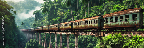 An old steam locomotive rushes through the dense jungle. a long train line-up. the train is traveling over the bridge. Railway Worker's Day photo