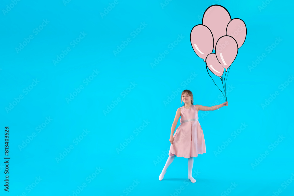 girl in pink dress with drawing balloons running on blue backgroundwith copy space girl in pink dress with drawing balloons running on blue backgroundwith copy space
