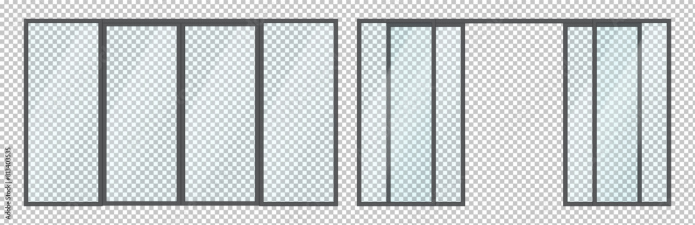 Glass windows of small shops facades with open and closed doors realistic vector illustration. Architecture element 3d object on transparent background Glass windows of small shops facades with open and closed doors realistic vector illustration. Architecture element 3d object on transparent background