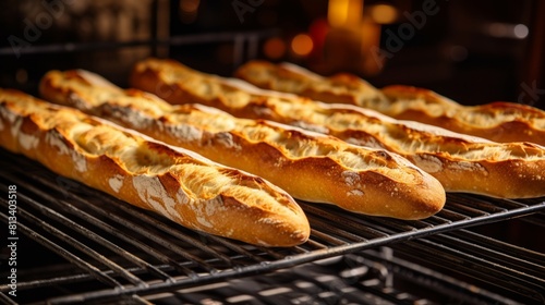 Generative AI Baguettes cooling on a wire rack after being baked to golden perfection in a traditional brick oven photo