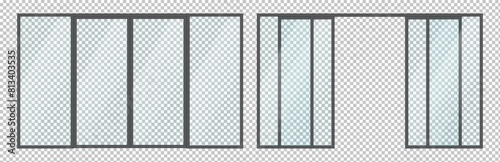 Glass windows of small shops facades with open and closed doors realistic vector illustration. Architecture element 3d object on transparent background