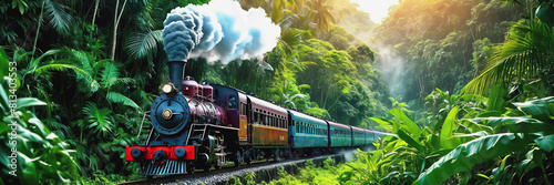 An old steam locomotive rushes through the dense jungle. a long train line-up. the train is traveling over the bridge. Railway Worker's Day