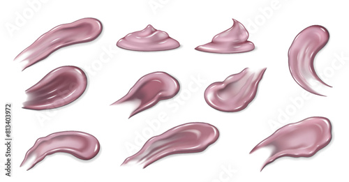Pink cream smear set. Natural moisturizing cream gel for skin care. Realistic 3D texture cosmetic spot milk or sunscreen texture. Vector illustration smooth drop moisturizer for facial moisturing