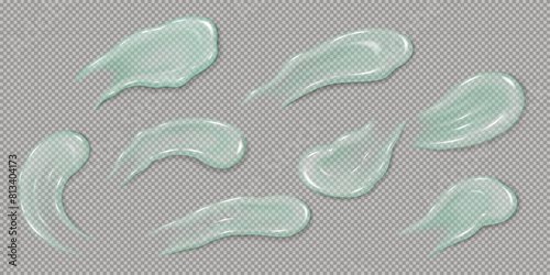 Watery green cream set. Natural moisturizing gel for skin care. Realistic 3D texture cosmetic spot milk or sunscreen texture. Vector illustration smooth drop moisturizer for body, facial moisturing