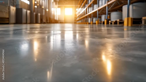 Clean polished concrete floor in modern factory or warehouse production space. Concept Factory Polished Concrete, Warehouse Flooring, Modern Workplace Design, Industrial Floor Maintenance photo