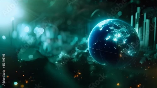 Digital globe with rising green stock market graph symbolizing global financial recovery. Concept Finance, Global Economy, Stock Market, Recovery, Digital Globe photo
