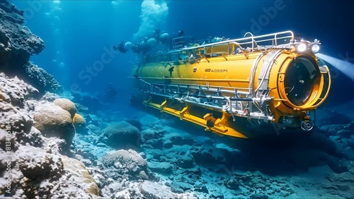 Deepsea bathyscaphe dives to study marine environment near sunken ships. Concept Oceanography, Marine Ecology, Underwater Technology, Shipwrecks Study, Deep Sea Exploration photo
