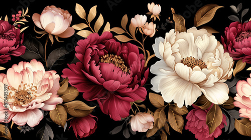 A bouquet of red, pink and white flowers of roses and peonies on a black background, with petals.	