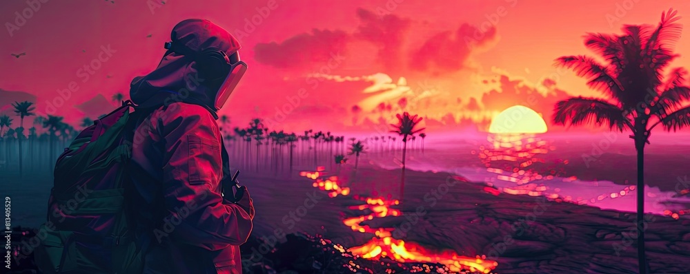 A researcher measures the temperature of the flowing lava while the intense heatwave affects their equipment and protective gear A researcher measures the temperature of the flowing lava while the intense heatwave affects their equipment and protective gear
