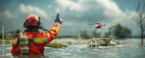 A rescuer seen from behind while pointing at the roof of a submerged house, directing a helicopter pilot where to land photo