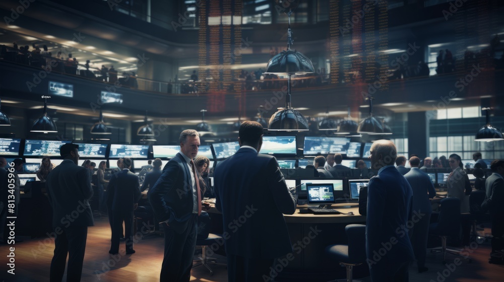 Generative AI Stock exchange trading floor with stockbrokers interacting, making deals, and communicating on the phone