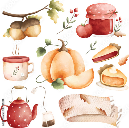 Watercolor Illustration Set of Autumn Elements Clipart