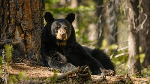 A large American Black Bear is sitting next to a tree in its natural habitat. The bear appears calm and observant  with its fur blending into the surrounding forest.