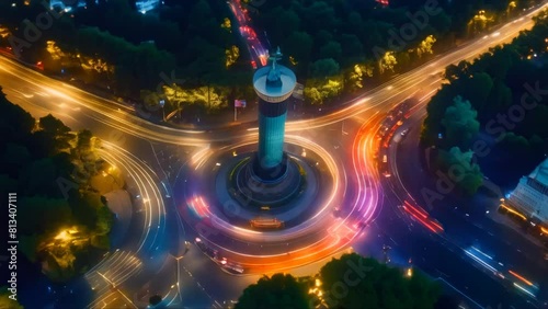 Berlin Victory Column roundabout traffic captured in aerial topdown hyperlapse footage. Concept Berlin Traffic, Aerial View, Topdown Hyperlapse, Victory Column, Roundabout photo