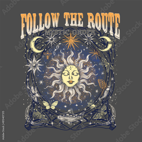Follow the route.Retro 70's psychedelic hippie element illustration print with groovy slogan for man - woman graphic tee t shirt or sticker poster - Vector