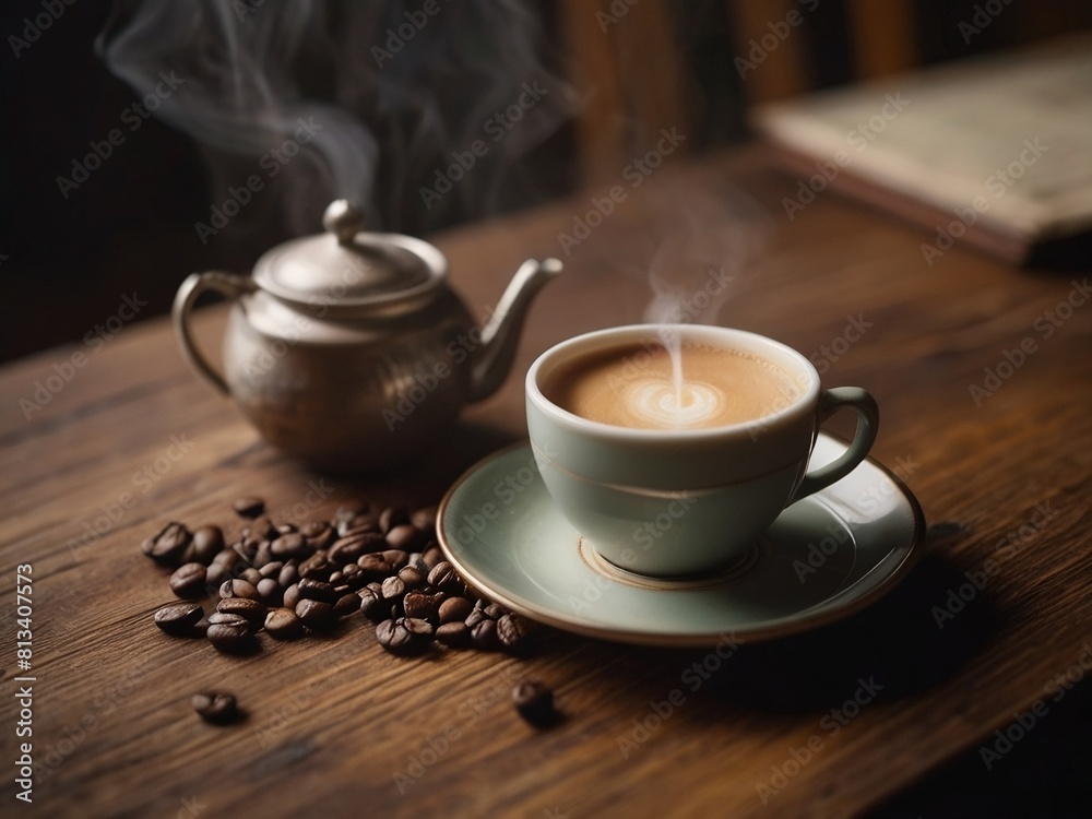Hot coffee cup decorated with coffee beans on wooden table Hot coffee cup decorated with coffee beans on wooden table