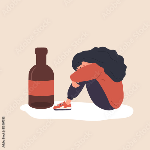 Dipsomania concept. Depressed woman sitting on floor and hugging her knees. Alcoholic mother. Alcohol Addiction. Vector illustration in flat cartoon style.