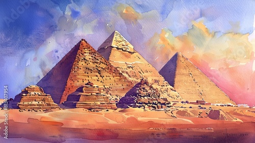 A watercolor painting depicting three pyramids standing tall in the desert landscape  under a clear sky. The pyramids are the main focus of the artwork  showcasing their geometric shapes and historica