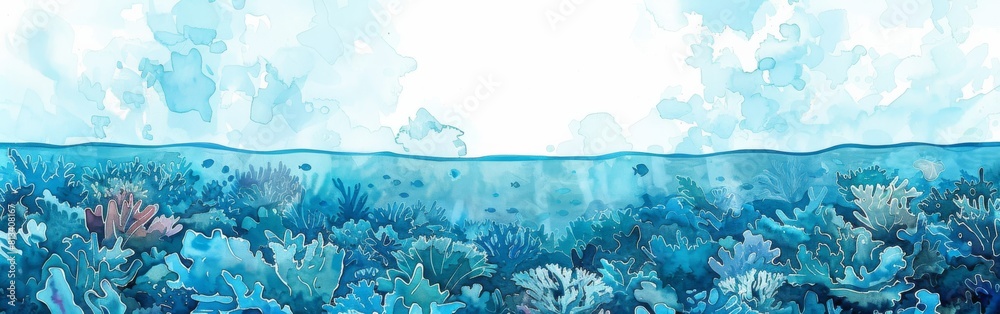 A watercolor painting depicting the vibrant blue ocean with intricate corals swaying in the underwater currents.