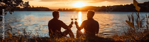 A gay couple enjoying a romantic sunset picnic, with a backdrop of a serene lake, sharing a toast with glasses of wine