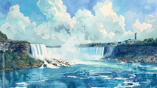 A painting depicting a powerful waterfall cascading in the middle of the ocean, with water crashing down into the sea creating mist and waves around it. photo