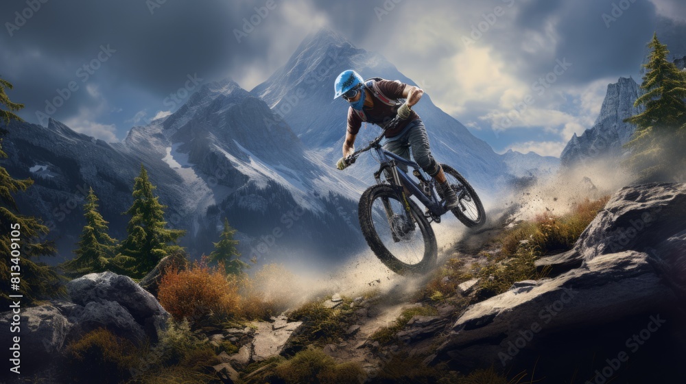 Naklejka premium Generative AI A detailed rendering of a mountain biking scene, capturing the essence of the sport with a rider traversing challenging trails against a mountainous backdrop