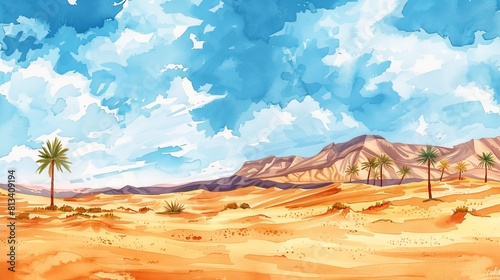 A watercolor painting depicting the Sahara Desert with prominent palm trees under a clear sky. The desert stretches far into the distance, capturing the essence of the arid landscape. photo