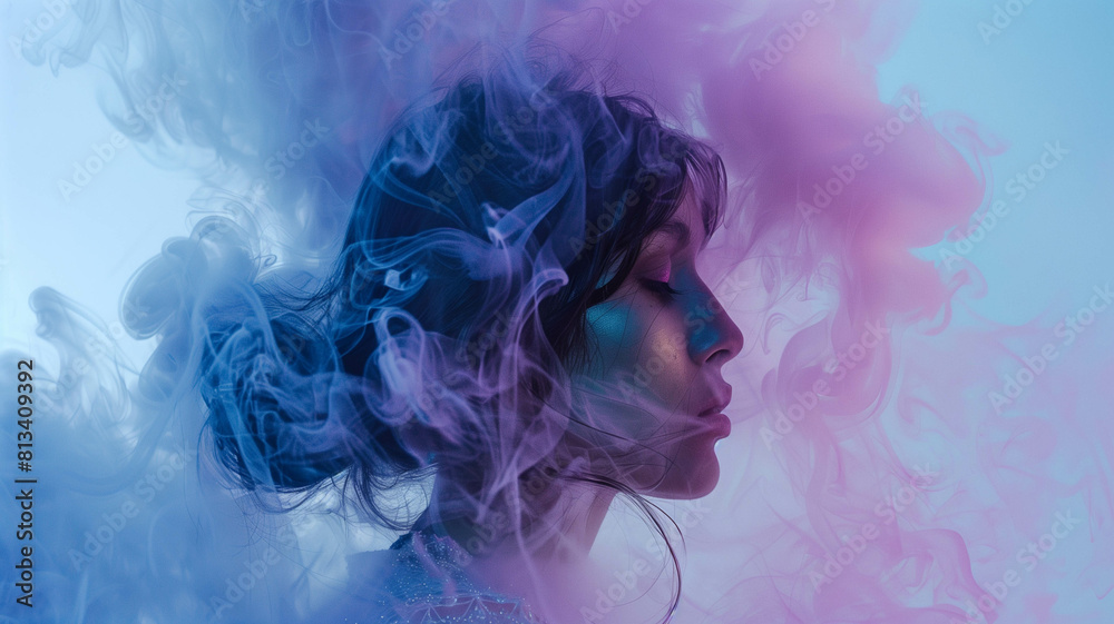 A high-fashion editorial showcasing a top model amidst a dreamy haze of purple-pink smoke against a serene pastel blue background. Ai generated A high-fashion editorial showcasing a top model amidst a dreamy haze of purple-pink smoke against a serene pastel blue background. Ai generated