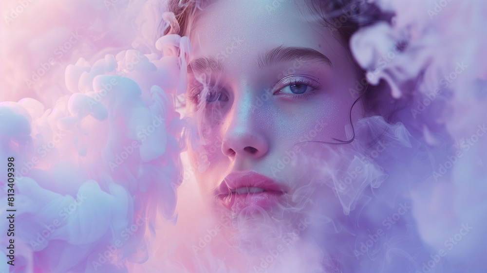A high-fashion editorial showcasing a top model amidst a dreamy haze of purple-pink smoke against a serene pastel blue background. Ai generated A high-fashion editorial showcasing a top model amidst a dreamy haze of purple-pink smoke against a serene pastel blue background. Ai generated