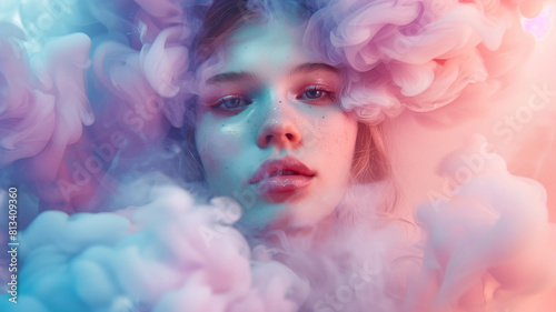 A high-fashion editorial showcasing a top model amidst a dreamy haze of purple-pink smoke against a serene pastel blue background. Ai generated