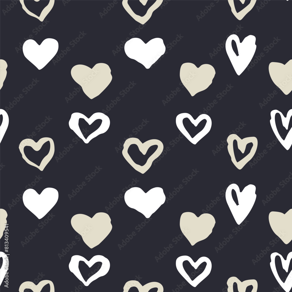 Monochrome dark blue and beige romantic seamless pattern with sketchy heart stripes. Vintage folk abstract background Monochrome dark blue and beige romantic seamless pattern with sketchy heart stripes. Vintage folk abstract background