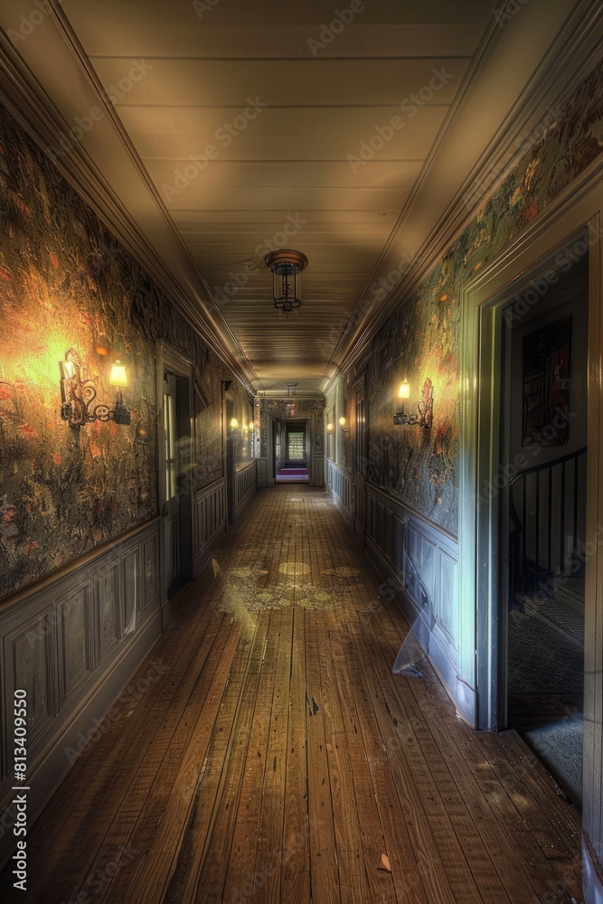An empty inn hallway with flickering sconces, faded wallpaper, and creaking floorboards, echoing with the footsteps of guests long, Generative AI An empty inn hallway with flickering sconces, faded wallpaper, and creaking floorboards, echoing with the footsteps of guests long, Generative AI