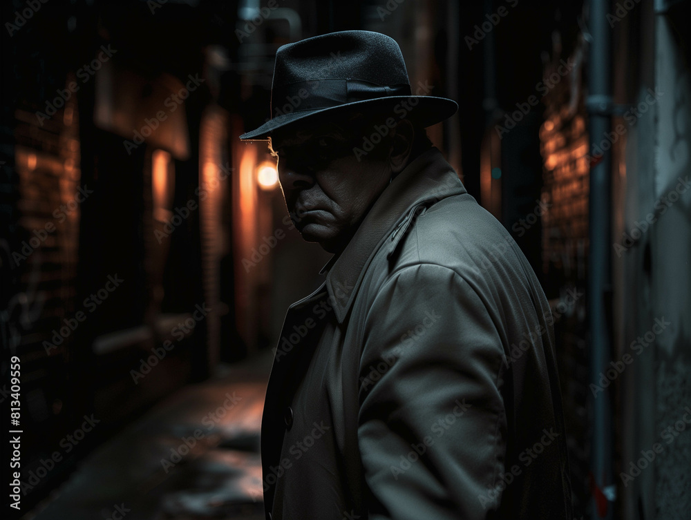 A mysterious figure in a fedora and sunglasses, walking through a foggy street at night, cigar glowing in the darkness. Ai generated